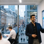 Business meeting in modern office with charts on screen, employees on laptops, city view through large windows