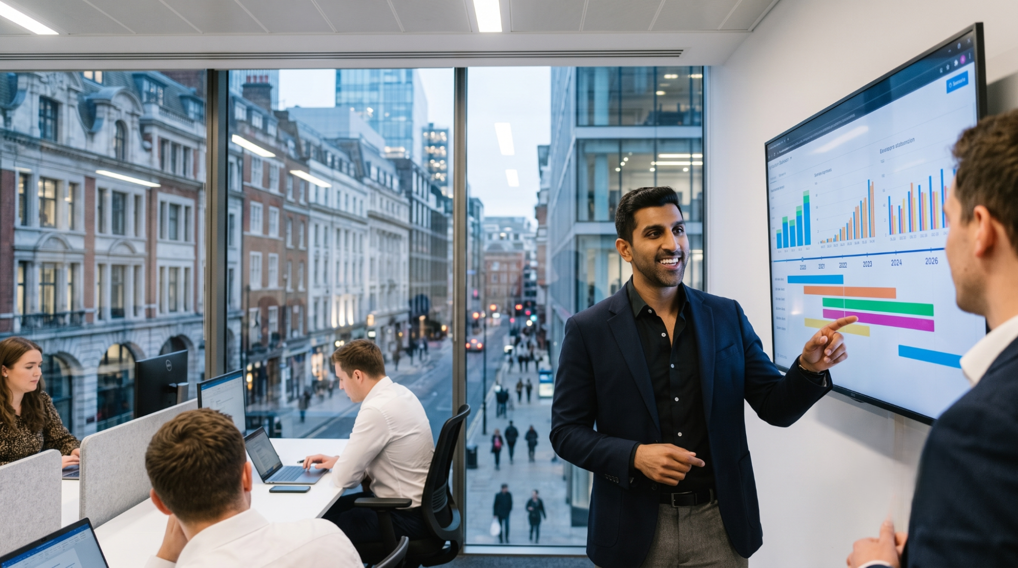 Business meeting in modern office with charts on screen, employees on laptops, city view through large windows