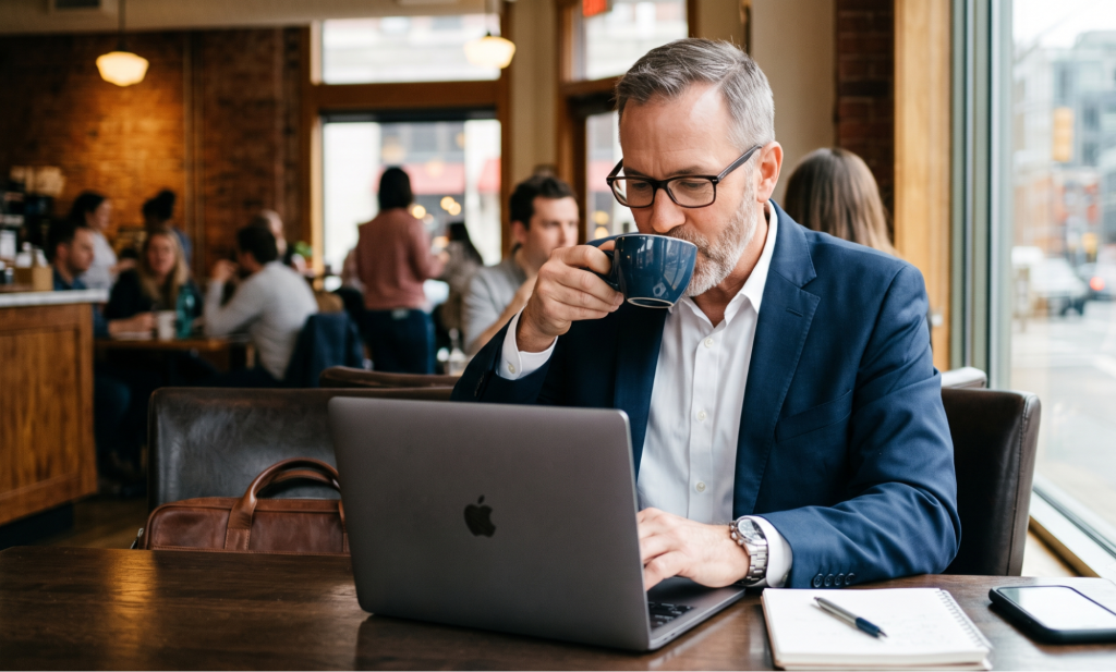Man in suit working on laptop and drinking coffee at a café table with notebook in a busy background setting