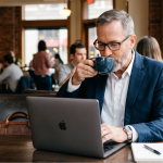 Man in suit working on laptop and drinking coffee at a café table with notebook in a busy background setting
